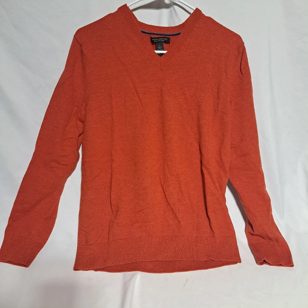 Banana‎ Republic Sweater V Neck Mens Large Pullover Orange Solid Casual Cotton